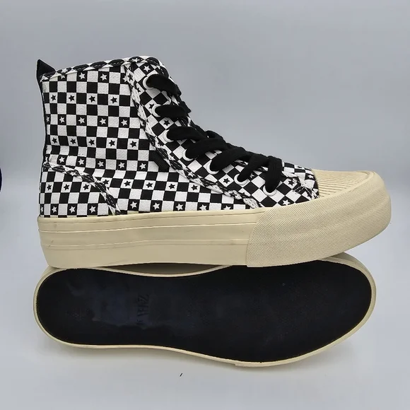 Zara Lace-Up High-Top Canvas Sneakers, Black/White Checkered pattern with stars - Picture 15 of 15
